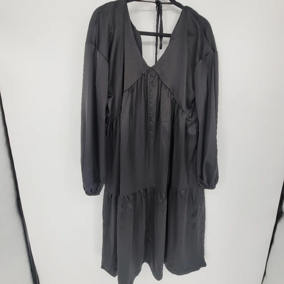 New Lola may black silky midi balloon sleeve v neck dress size 10 - Picture 5 of 6